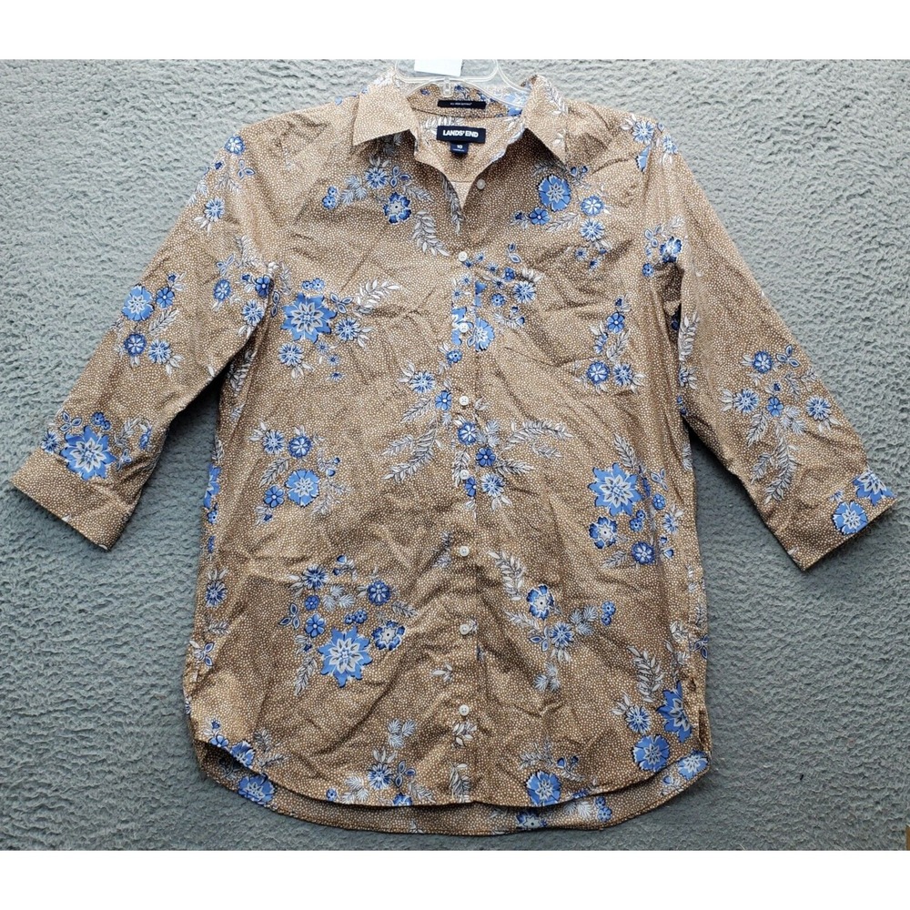 Lands' End‎ Casual Shirt Women's 10 Multi Floral Supima Cotton Non Iron Collared